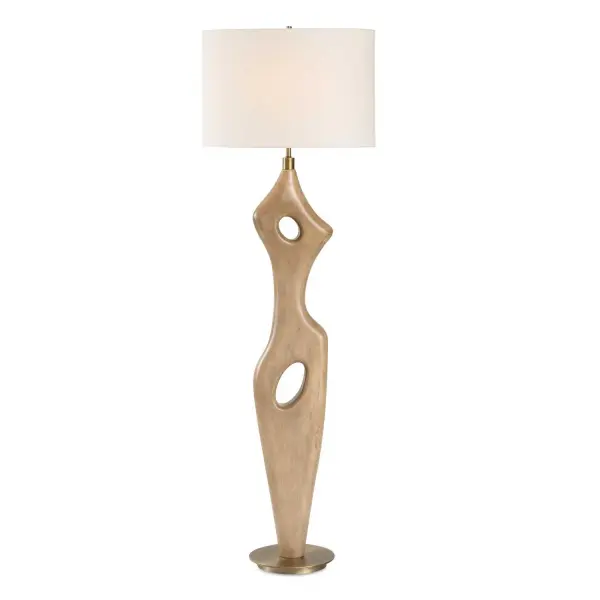 This Contemporary Floor Lamp Showcases A Solid Wood Base Carved In An Abstract Design With An Aged Driftwood Finish, Resting On A Plated Antique Brass Foot With Matching Hardware. The Oval Hardback Shade Is In A Casual White Linen Fabric. Collection: Almyra Designer: David Frisch Finish: Antique Brass Glass: Oval Hardback Shade Width: 21.00" Height: 65.50" Length: 13.00" Weight: 28.70 lb Number of Bulbs: 1 Maximum Wattage: 150.00 W Bulb Type: A Voltage: 110.00 V Material: Rubber Wood, Steel, Fabric Country of Origin: China Safety Rating: Indoor Only
