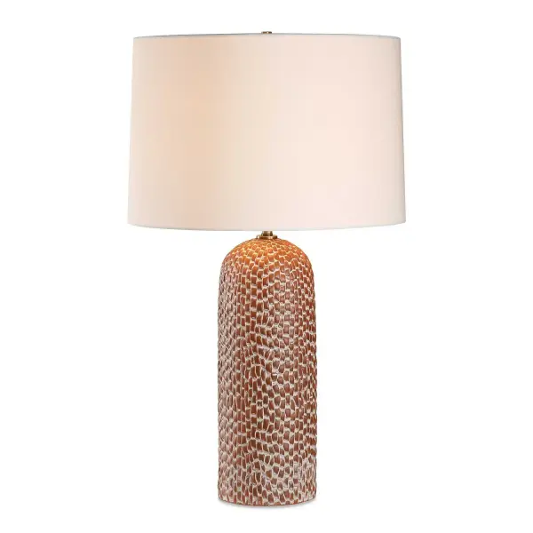 The Maclura Table Lamp Adds A Touch Of Texture And Elegance To Any Space. Its Base Is Crafted From Porcelain, Featuring An Organic Basket Weave Pattern Finished In A Warm Brown With A Heavy Off-white Glaze, Paired With Brass Plated Details. The Slightly Tapered Round Hardback Shade Is Made In A Crisp White Linen Fabric. Collection: Maclura Designer: David Frisch Finish: Brass Glass: Round Hardback Shade Width: 17.00" Height: 28.00" Length: 17.00" Weight: 8.80 lb Number of Bulbs: 1 Maximum Wattage: 150.00 W Bulb Type: A Voltage: 110.00 V Material: Porcelain & Fabric & Steel Country of Origin: China Safety Rating: Indoor Only