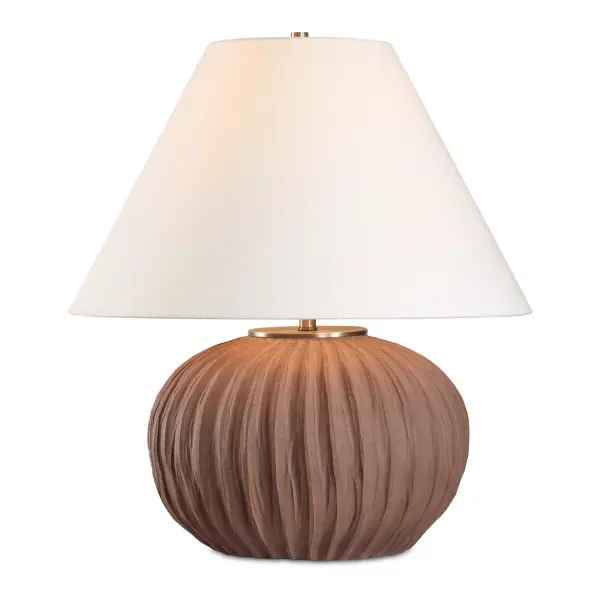 The Keoghan Table Lamp Features A Porcelain Base With Deep Organic Channels Finished In A Dark Terracotta, Giving It A Warm And Earthy Aesthetic. It Is Accented With Plated Antique Brass Details. The Coolie Style Large Round Shade Is Made In A Crisp White Linen Fabric. Collection: Keoghan Designer: David Frisch Finish: Antique Brass Glass: Round Hardback Shade Width: 20.00" Height: 22.00" Length: 20.00" Weight: 19.00 lb Number of Bulbs: 1 Maximum Wattage: 150.00 W Bulb Type: A Voltage: 110.00 V Material: Porcelain & Fabric & Steel Country of Origin: China Safety Rating: Indoor Only