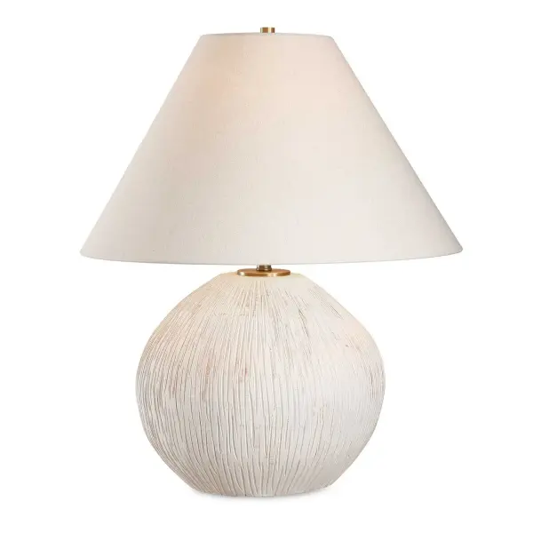 The Meryl Table Lamp Showcases A Hand Crafted Porcelain Base Finished In An Aged White With Rust Distressing Over Organic Textural Lines That Are Accented With Plated Antique Brass Detail. The Coolie Style Large Round Shade Is Made In An Off-white Linen Fabric. Collection: Meryl Designer: David Frisch Finish: Antique Brass Glass: Round Hardback Shade Width: 20.00" Height: 24.50" Length: 20.00" Weight: 18.70 lb Number of Bulbs: 1 Maximum Wattage: 150.00 W Bulb Type: A Voltage: 110.00 V Material: Porcelain & Fabric & Steel Country of Origin: China Safety Rating: Indoor Only