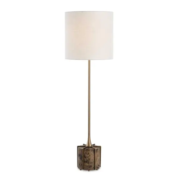 The Britwell Buffet Lamp Showcases A Sleek Emperador Dark Brown Marble Foot Separated By Plated Brass Details And Matching Fluted Base. The Round Hardback Drum Shade Is A Crisp White Linen Fabric. Collection: Britwell Designer: Carolyn Kinder Finish: Brass Glass: Round Drum Hardback Shade Width: 11.00" Height: 36.50" Length: 11.00" Weight: 9.00 lb Number of Bulbs: 1 Maximum Wattage: 150.00 W Bulb Type: A Voltage: 110.00 V Material: Marble, Metal, Fabric Country of Origin: China Safety Rating: Indoor Only