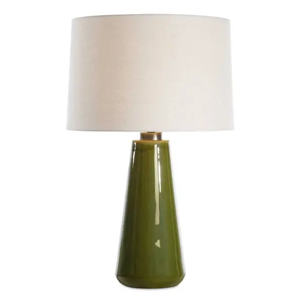 This Timeless Ceramic Lamp Is Finished In A Crackled Moss Green Glaze That's Accented With Antiqued Brass Plated Details. The Round Hardback Drum Shade Is An Oatmeal Linen Fabric With Light Slubbing. Collection: Kelley Finish: Antiqued Brass Glass: Round Hardback Shade Width: 18.00" Height: 28.75" Length: 18.00" Weight: 8.10 lb Number of Bulbs: 1 Maximum Wattage: 150.00 W Bulb Type: A Voltage: 110.00 V Material: Steel, Ceramic & Fabric Country of Origin: China Safety Rating: Indoor Only