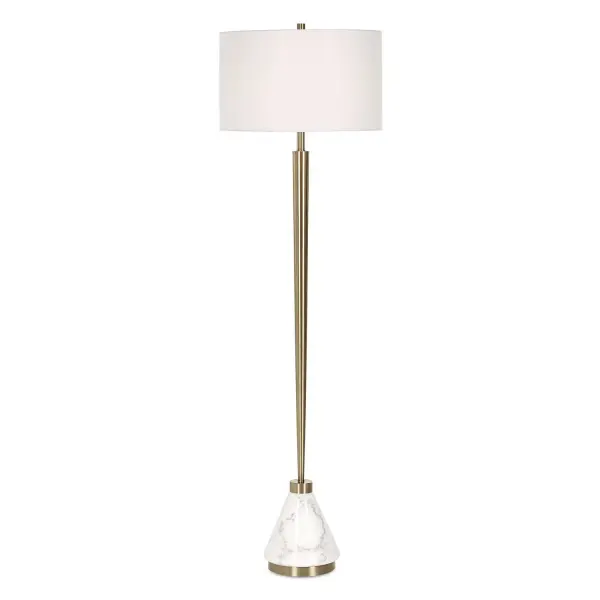 The Curran Floor Lamp Features A Delicately Tapered Metal Body Finished In A Plated Brass And Paired With A Thick White Marble Foot. The Round Hardback Drum Shade Is Covered In A Crisp White Linen Fabric. Collection: Curran Designer: David Frisch Finish: Brass Glass: Round Drum Hardback Shade Width: 19.00" Height: 64.00" Length: 19.00" Weight: 28.00 lb Number of Bulbs: 1 Maximum Wattage: 150.00 W Bulb Type: A Voltage: 110.00 V Material: Metal, Marble, Fabric Country of Origin: Cambodia Safety Rating: Indoor Only