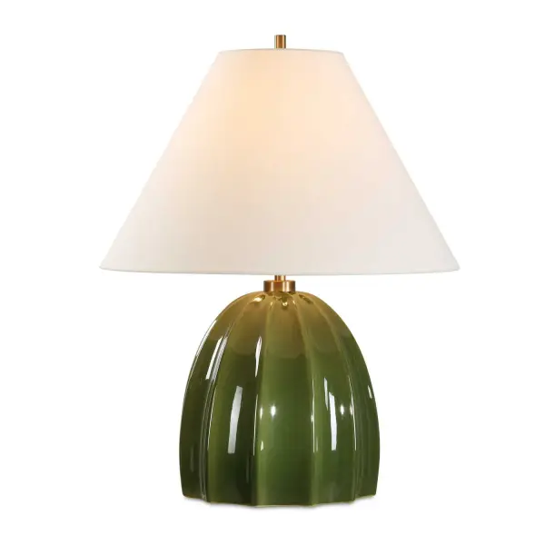 The Fluted Ceramic Base Of The Renna Table Lamp Features Deep Channels And A Tapered Design That's Finished In A Rich Moss Green Glaze, Accented With Brass Plated Details. The Coolie Style Round Shade Is Covered In A White Linen Fabric. Collection: Renna Designer: David Frisch Finish: Brass Plated Glass: Round Hardback Shade Width: 20.00" Height: 25.50" Length: 20.00" Weight: 8.80 lb Number of Bulbs: 1 Maximum Wattage: 150.00 W Bulb Type: A Voltage: 110.00 V Material: Ceramic, Iron , Shade Country of Origin: China Safety Rating: Indoor Only