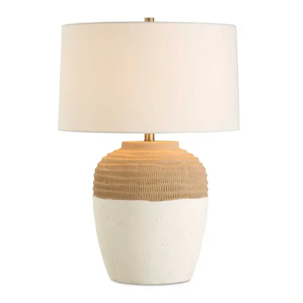 This Ceramic Table Lamp Boasts A Striking Two-tone Base Showcasing A Textured Terracotta Top With A Casual White Lower Section, All Accented With Brass Plated Details. The Slightly Tapered Round Hardback Drum Shade Is Covered In A Crisp White Linen Fabric. Collection: Bellaby Designer: Renee Wightman Finish: Brass Plated Glass: Round Hardback Rolled Edge Width: 18.00" Height: 25.75" Length: 18.00" Weight: 17.60 lb Number of Bulbs: 1 Maximum Wattage: 150.00 W Bulb Type: A Voltage: 110.00 V Material: Steel, Ceramic, Fabric Country of Origin: China Safety Rating: Indoor Only