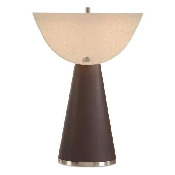 The Conover Table Lamp Showcases A Refined Silhouette With A Tapered Faux Leather Base In A Rich Chocolate Brown, Accented By Decorative Plated Metal Details. The Unique Shade Features A Lightly Folded Design Covered In A White Linen Fabric, Concealing Twin Sockets. Collection: Conover Designer: David Frisch Finish: Chocolate Brown Glass: Special Shade Width: 19.00" Height: 27.25" Length: 19.00" Weight: 9.00 lb Number of Bulbs: 2 Maximum Wattage: 60.00 W Bulb Type: A Voltage: 110.00 V Material: Metal & Chocolate Color Pu & Fabric Country of Origin: Vietnam Safety Rating: Indoor Only