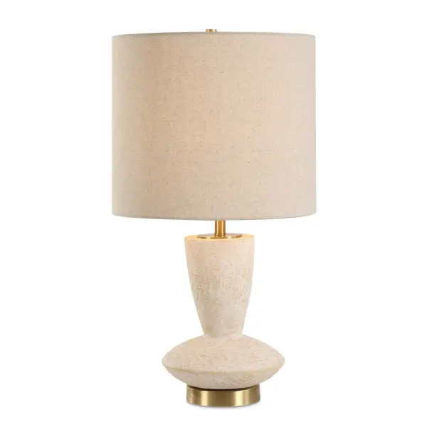 This Lamp Is A Study In Visual Appeal, Featuring A Unique Ceramic Base Finished In A Heavily Textured Aged Ivory, Accented With Antique Brass Details. The Round Hardback Shade Is Covered In A Light Beige Fabric With Natural Slubbing. Collection: Doreyn Designer: David Frisch Finish: Antique Brass Glass: Round Drum Hardback Shade Width: 14.00" Height: 25.75" Length: 14.00" Weight: 8.70 lb Number of Bulbs: 1 Maximum Wattage: 150.00 W Bulb Type: A Voltage: 110.00 V Material: Metal & Ceramic & Fabric Country of Origin: China Safety Rating: Indoor Only