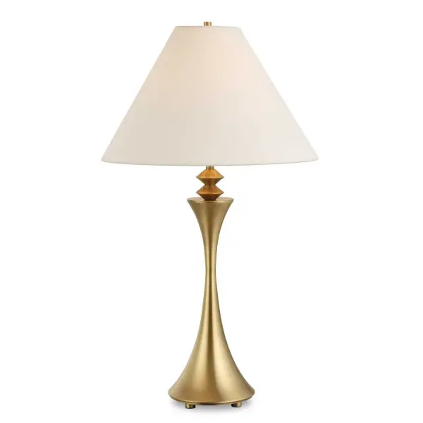 The Shaefer Table Lamp Showcases A Striking Flared Metal Base With Intricate Geometric Detailing In Plated Brass. The Coolie Style Shade Is Covered In A Crisp White Linen. Collection: Shaefer Designer: David Frisch Finish: Plated Brass Glass: Round Hardback Shade Width: 17.00" Height: 30.25" Length: 17.00" Weight: 3.90 lb Number of Bulbs: 1 Maximum Wattage: 100.00 W Bulb Type: A Voltage: 110.00 V Material: Metal & Fabric Country of Origin: China Safety Rating: Indoor Only