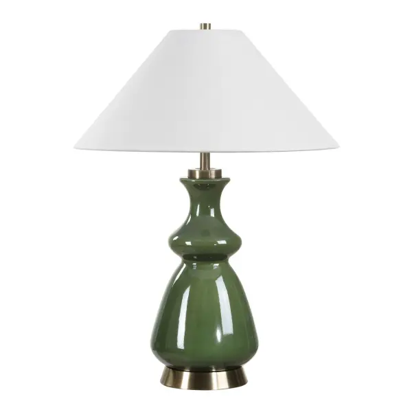 The Green Thumb Table Lamp Offers Both Versatility And Sophisticated Style. The Moss Green Ceramic Base Adds A Subtle Pop Of Color, Making It A Perfect Accent Piece, Accented With Light Brass Plated Details. The Round Coolie Shade Is Covered In A Crisp White Linen Fabric. Collection: Green Thumb Designer: David Frisch Finish: Brass Width: 18.50" Height: 27.50" Length: 18.50" Weight: 7.00 lb Number of Bulbs: 1 Maximum Wattage: 150.00 W Bulb Type: A Voltage: 110.00 V Material: Metal,ceramic, Fabric Country of Origin: Cambodia Safety Rating: Indoor Only