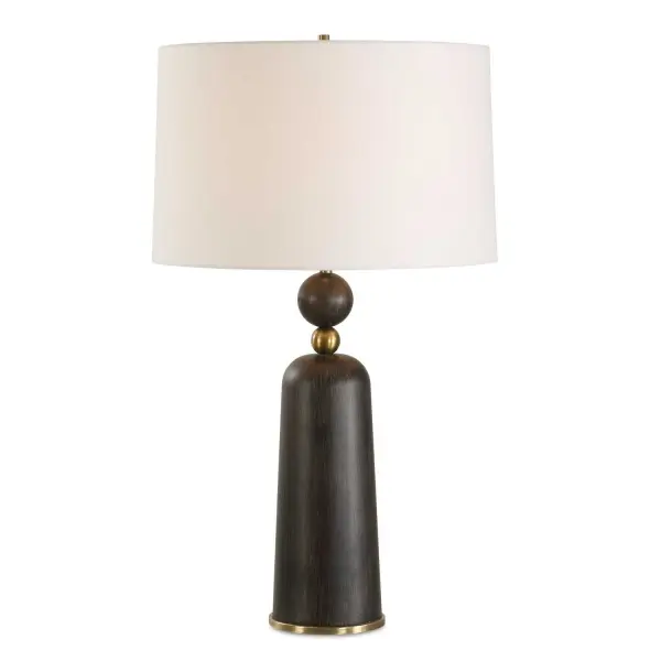 The McQuinn Table Lamp Features A Wooden Cylindrical Base In A Dark Walnut Finish With An Antique Brass Plated Sphere Decoration For Added Elegant Appeal. The Slightly Tapered Round Shade Is Covered In A Crisp White Linen. Collection: McQuinn Designer: Renee Wightman Finish: Antique Brass Plated Glass: Round Hardback Shade Width: 18.00" Height: 30.50" Length: 18.00" Weight: 9.92 lb Number of Bulbs: 1 Maximum Wattage: 150.00 W Bulb Type: A Voltage: 110.00 V Material: Metal, Wood, %Fabric Country of Origin: China Safety Rating: Indoor Only