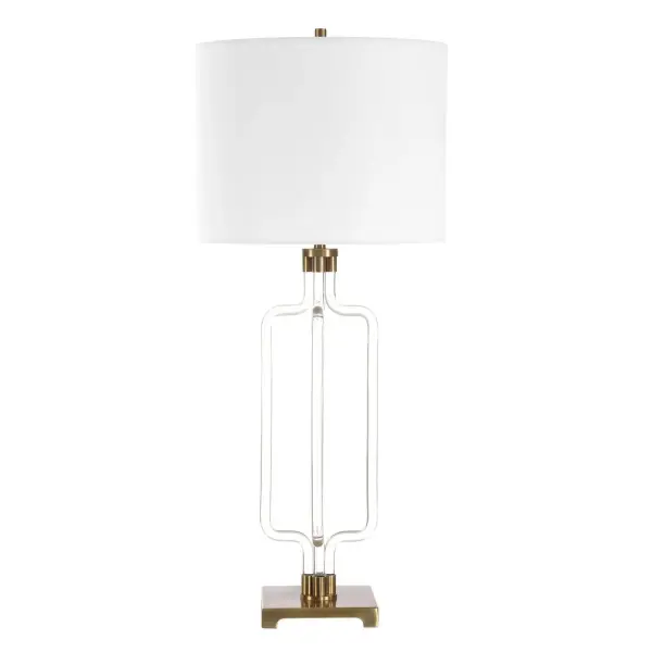 Crafted From Clear Acrylic, The Outline Cordless Table Lamp Boasts A Sleek And Airy Contemporary Design Complemented With Brass Plated Accents. A Round Hardback Drum Shade Finished In A Casual White Linen Fabric Completes The Piece. This Lamp Ships With A Rechargeable LED Lightsouce With Dimmable Features, A Remote And USB To USB-C Charging Cord. Collection: Outline Cordless Designer: Renee Wightman Finish: Brass Width: 15.00" Height: 30.75" Length: 15.00" Weight: 5.73 lb Number of Bulbs: 1 Maximum Wattage: 7.00 W Voltage: 110.00 V Material: Acrylics,Iron,Fabric Country of Origin: China Safety Rating: Indoor Only