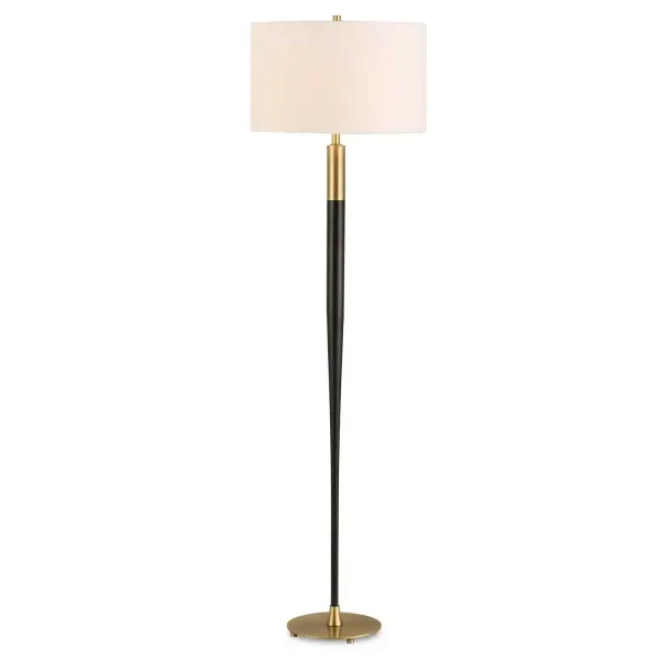 The Stowe Floor Lamp Features A Tapered Metal Stem Finished In A Sleek Satin Black, Accented With Brass Plated Details. The Round Hardback Drum Shade Is Covered In A Crisp White Linen Fabric. Collection: Stowe Designer: Osvaldo Mendoza Finish: Brass Plated Glass: Drum Hardback Shade Width: 18.00" Height: 66.25" Length: 18.00" Weight: 15.00 lb Number of Bulbs: 1 Maximum Wattage: 150.00 W Bulb Type: A Voltage: 110.00 V Material: Metal, Fabric Country of Origin: China Safety Rating: Indoor Only