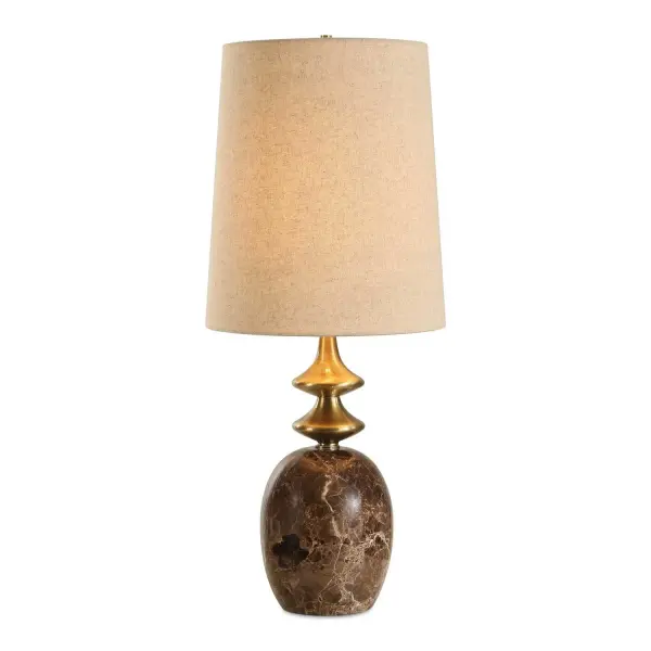 A Timeless Design, This Buffet Lamp Boasts A Rich Emperador Brown Marble Base With Ivory Veining Paired With Decorative Brass Plated Details That Adds A Touch Of Elegance. The Tall, Tapered Round Hardback Shade Is Covered In A Light Beige Fabric With Natural Slubbing. Collection: Percy Designer: Osvaldo Mendoza Finish: Brass Plated Glass: Tapered Round Hardback Shade Width: 6.75" Height: 29.00" Length: 12.00" Weight: 22.00 lb Number of Bulbs: 1 Maximum Wattage: 150.00 W Bulb Type: A Voltage: 110.00 V Material: Marble, Metal, Fabric Country of Origin: China Safety Rating: Indoor Only