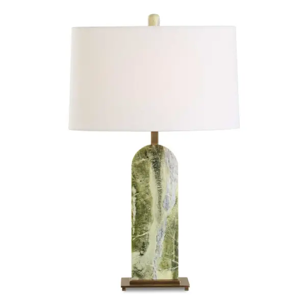 This Exquisite Table Lamp Showcases A Green Marble Base With Heavy White Veining, Accented With Antique Brass Plated Details. The Natural Beauty Of The Stone Creates A Truly Unique And Captivating Piece. The Round Hardback Drum Shade Is Covered In A Crisp White Linen. True To The Nature Of Natural Materials, Each Piece Will Have Unique Marbling And Veining Throughout. Collection: Moorea Designer: Osvaldo Mendoza Finish: Antique Brass Plated Glass: Oval Hardback Width: 18.00" Height: 28.25" Length: 10.00" Weight: 9.00 lb Number of Bulbs: 1 Maximum Wattage: 150.00 W Bulb Type: A Voltage: 110.00 V Material: Marble, Metal, Fabric Country of Origin: China Safety Rating: Indoor Only