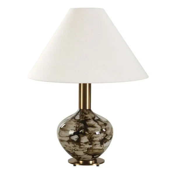 This Table Lamp Showcases A Captivating Base Crafted From Art Glass With A Mesmerizing Smoky, Dark Brown Pattern. The Intricate Details And Warm Brass Plated Accents Create A Truly Unique And Eye-catching Piece. The Coolie Style Shade Is Covered In A White Linen Fabric. Due To The Natural Hand Crafted Art Glass Each Piece Will Vary. Collection: Montagu Designer: Osvaldo Mendoza Finish: Brass Width: 18.00" Height: 23.50" Length: 18.00" Weight: 7.00 lb Number of Bulbs: 1 Maximum Wattage: 100.00 W Bulb Type: A Voltage: 110.00 V Material: Glass, Metal, Fabric Country of Origin: China Safety Rating: Indoor Only