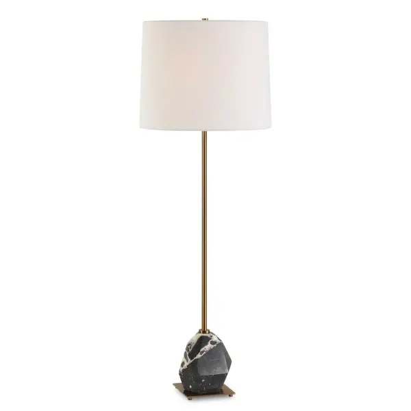 This Tall Buffet Lamp Features An Asymmetrical, Faceted Black And White Panda Marble Base. The Natural Beauty Of The Stone Is Accentuated By Antique Brass Plated Details, Resulting In A Piece That Is Both Artistic And Functional. The Slightly Tapered Round Hardback Shade Is Covered In A Crisp White Linen Fabric. True To The Nature Of Natural Materials, Each Piece Will Have Unique Marbling And Veining Throughout. Collection: Rowland Designer: Osvaldo Mendoza Finish: Antique Brass Plated Glass: Round Tapered Hardback Width: 13.00" Height: 37.00" Length: 13.00" Weight: 7.00 lb Number of Bulbs: 1 Maximum Wattage: 100.00 W Bulb Type: A Voltage: 110.00 V Material: Marble, Metal, Fabric Country of Origin: China Safety Rating: Indoor Only