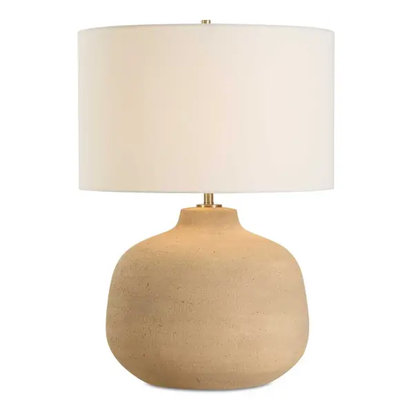 The Cline Table Lamp Features An Organically Shaped Terracotta Base In A Warm, Earthy Hue, Accented With Brass Plated Details. The Round Hardback Drum Shade Is Covered In A White Linen Fabric. Collection: Cline Designer: Carolyn Kinder Finish: Brass Plated Glass: Drum Hardback Rolled Edge With White Liner Inside Width: 20.00" Height: 28.25" Length: 20.00" Weight: 25.30 lb Number of Bulbs: 1 Maximum Wattage: 150.00 W Bulb Type: A Voltage: 110.00 V Material: Steel & Ceramic Country of Origin: China Safety Rating: Indoor Only