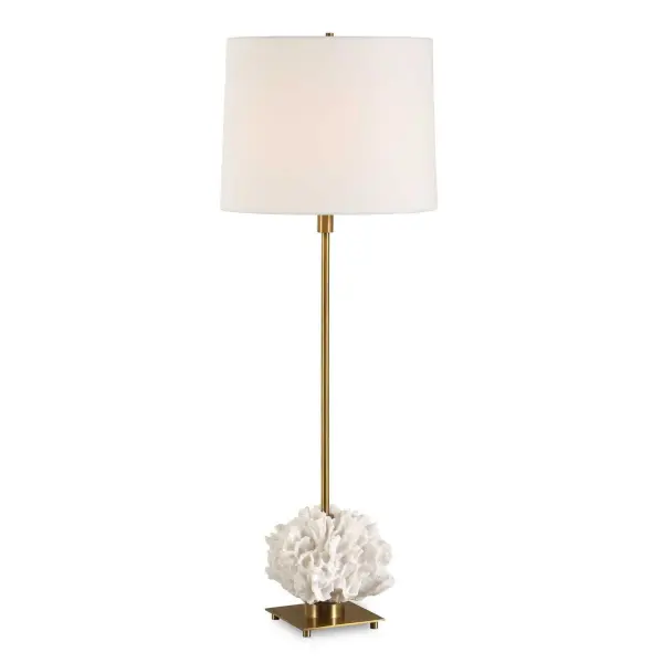 The Caronia Buffet Lamp Showcases An Ivory Toned Coral Sculpture, Accented With Antique Brass Plated Iron Details. The Slightly Tapered Round Shade Is A Casual Ivory Linen Fabric With Light Slubbing. Collection: Caronia Designer: Osvaldo Mendoza Finish: Antique Brass Glass: Tapered Hardback Width: 13.00" Height: 35.50" Length: 13.00" Weight: 6.00 lb Number of Bulbs: 1 Maximum Wattage: 150.00 W Bulb Type: A Voltage: 110.00 V Material: Resin, Iron, White Linen Country of Origin: China Safety Rating: Indoor Only