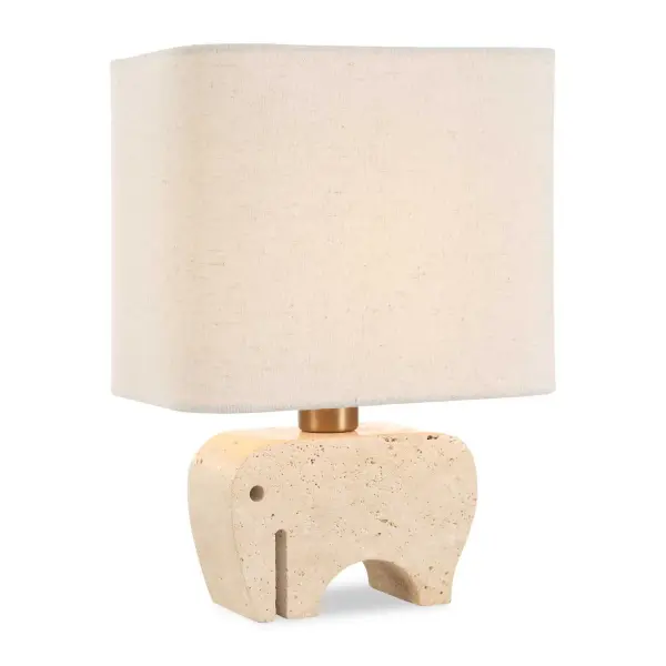 The Petite Tusk Accent Lamp Features A Whimsical Elephant Sculpture Carved Out Of Beige Travertine, Accented With Brass Plated Details. The Rectangle Hardback Shade With Curved Corners Is Covered In A Casual Khaki Fabric With Natural Slubbing. Perfect Accent Piece For Kitchen Counters, Etageres, Or Anywhere That Needs Visual Artistry. Collection: Tusk Designer: Carolyn Kinder Finish: Brass Plated Glass: Rectangle Round Hardback Shade Width: 8.00" Height: 11.00" Length: 6.00" Weight: 1.30 lb Number of Bulbs: 1 Maximum Wattage: 60.00 W Bulb Type: B Voltage: 110.00 V Material: Metal & Marble Country of Origin: China Safety Rating: Indoor Only