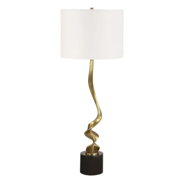 This Cordless Table Lamp Presents A Captivating Visual With Its Fluidly Twisting Metal Base In Antique Brass, Ascending From A Substantial Black Marble Foot. A Round Hardback Shade Covered In A Crisp White Linen Completes The Design. This Lamp Ships With A Rechargeable LED Lightsouce With Dimmable Features, A Remote And USB To USB-C Charging Cord. Collection: Spiraling Designer: Osvaldo Mendoza Finish: Antique Brass Width: 13.00" Height: 35.00" Length: 13.00" Weight: 10.00 lb Number of Bulbs: 1 Maximum Wattage: 7.00 W Voltage: 110.00 V Material: Metal, Marble, Fabirc Country of Origin: China Safety Rating: Indoor Only