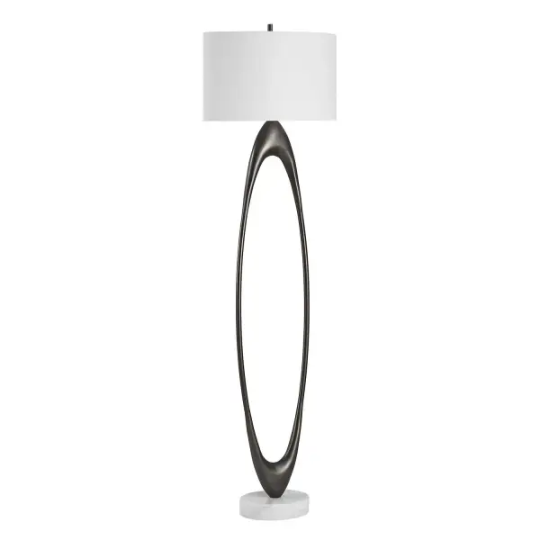 The Elongated, Open Oval Base Is Finished In A Rich Dark Bronze, Resting Elegantly On A Substantial Round White Marble Foot With Natural Veining, Accented By Antique Brass Plated Hardware. The Oval Hardback Drum Shade Is Covered In A White Linen Fabric. Collection: Sonic Designer: Renee Wightman Finish: Antique Brass Width: 20.00" Height: 65.00" Length: 20.00" Weight: 20.68 lb Number of Bulbs: 1 Maximum Wattage: 150.00 W Bulb Type: A Voltage: 110.00 V Material: Marble,Resin,Iron, Fabric Country of Origin: China Safety Rating: Indoor Only