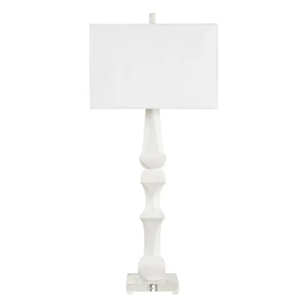 The Mayme Table Lamp Features A Unique Stacked Sculptural Design Finished In Matte White, Accented By A Thick Crystal Foot And Polished Nickel Detailing. The Rectangle Hardback Shade Is Covered In A White Linen Fabric. Collection: Mayme Designer: David Frisch Finish: Polished Nickel Width: 17.00" Height: 37.50" Length: 10.00" Weight: 12.00 lb Number of Bulbs: 1 Maximum Wattage: 150.00 W Bulb Type: A Voltage: 110.00 V Material: Resin, Crystal , Iron , Fabric Country of Origin: China Safety Rating: Indoor Only