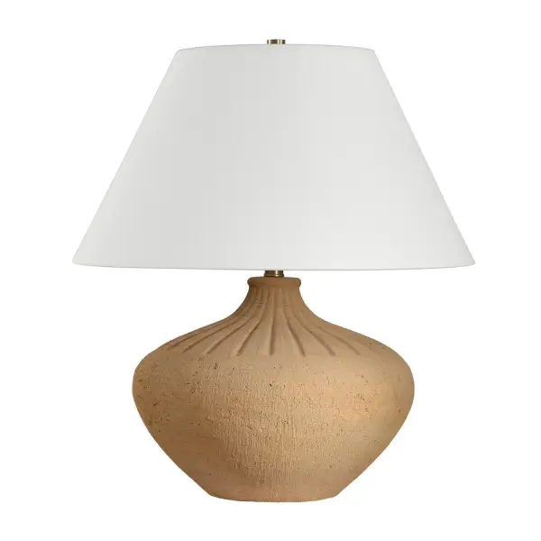 This Table Lamp Showcases An Urn Shaped Terracotta Base In A Warm Earthy Tone, Accented With Decorative Carvings And Complemented By Brass Plated Details. The Tapered Round Shade Is Covered In A Crisp White Linen Fabric. Collection: Eldon Designer: Carolyn Kinder Finish: Brass Width: 21.00" Height: 23.50" Length: 21.00" Weight: 17.80 lb Number of Bulbs: 1 Maximum Wattage: 150.00 W Bulb Type: A Voltage: 110.00 V Material: Iron & Ceramic Country of Origin: Cambodia Safety Rating: Indoor Only