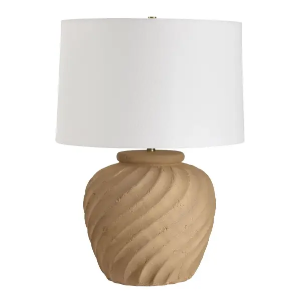Handcrafted From Terracotta, This Table Lamp's Organic Texture Evokes The Serene, Flowing Lines Of Sand Dunes. The Design Is Elegantly Completed With Subtle Brass Plated Details, Adding A Touch Of Refined Warmth. The Slightly Tapered Round Hardback Shade Is Covered In A White Linen Fabric. Collection: Farai Designer: David Frisch Finish: Brass Width: 17.00" Height: 23.00" Length: 17.00" Weight: 15.18 lb Number of Bulbs: 1 Maximum Wattage: 150.00 W Bulb Type: A Voltage: 110.00 V Material: Iron & Cramic Country of Origin: China Safety Rating: Indoor Only