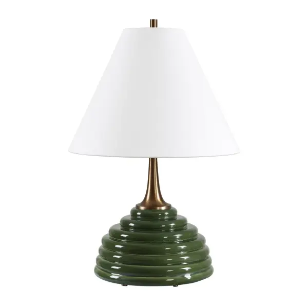 Elevate Your Decor With This Stylish Table Lamp, Showcasing A Striking Dark Green Ribbed Ceramic Base Paired With Sleek Brass-plated Details. The Coolie Shade Is Covered In Crisp White Linen Fabric. Collection: McKay Designer: Carolyn Kinder Finish: Brass Width: 17.00" Height: 25.00" Length: 17.00" Weight: 8.80 lb Number of Bulbs: 1 Maximum Wattage: 150.00 W Bulb Type: A Voltage: 110.00 V Material: CERAMIC,IRON,FABRIC Country of Origin: China Safety Rating: Indoor Only