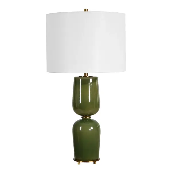This Shapely Ceramic Base Is Finished In A Moss Green Glaze Accented With Lightly Antiqued Brass Plated Details. The Round Hardback Drum Shade Is Covered In A White Linen Fabric. Due To The Nature Of Fired Glazes On Ceramic Lamps, Finishes Will Vary Slightly. Collection: Meyer Designer: Carolyn Kinder Finish: Antique Brass Width: 14.00" Height: 27.00" Length: 14.00" Weight: 7.70 lb Number of Bulbs: 1 Maximum Wattage: 150.00 W Bulb Type: A Voltage: 110.00 V Material: CERAMIC,IRON,FABRIC Country of Origin: China Safety Rating: Indoor Only