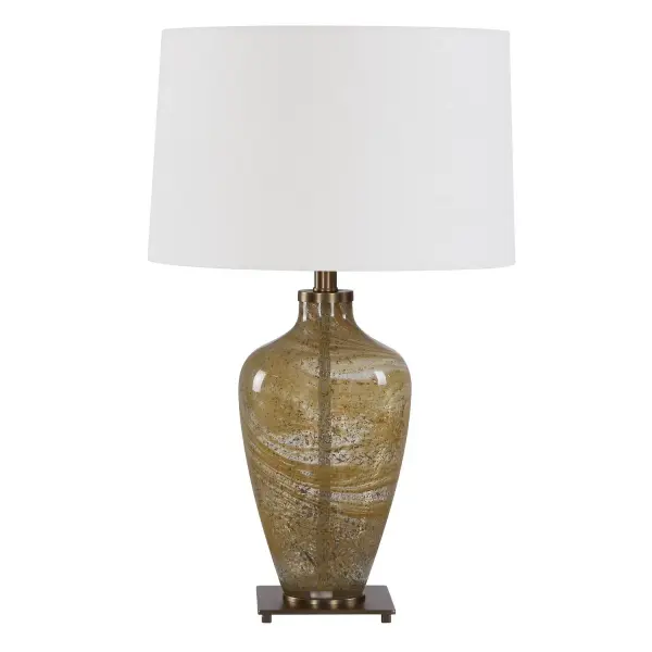 Crafted From Hand Blown Glass, This Lamp Displays A Seamless Swirl Of Translucent Olive And Rich Amber Tones, Complemented By Refined Antique Brass Accents. The Slightly Tapered Round Hardback Drum Shade Is Covered In A Casual White Linen Fabric With Light Slubbing. Collection: Rainer Finish: Antique Brass Width: 16.00" Height: 25.50" Length: 16.00" Weight: 9.26 lb Number of Bulbs: 1 Maximum Wattage: 150.00 W Bulb Type: A Voltage: 110.00 V Material: Metal,Glass,Fabric Country of Origin: China Safety Rating: Indoor Only