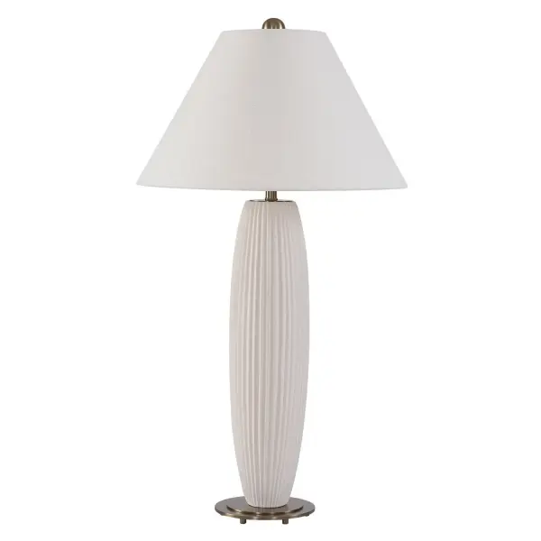 This Elegant Table Lamp Features A Fluted Ceramic Base Finished In Warm Ivory, Accented With Plated Antique Brass Details. The Coolie Style Shade Is Covered In A Warm White Linen Fabric With Natural Slubbing. Collection: Brinsley Finish: Antique Brass Width: 18.00" Height: 33.00" Length: 18.00" Weight: 9.92 lb Number of Bulbs: 1 Maximum Wattage: 150.00 W Bulb Type: A Voltage: 110.00 V Material: Metal,Ceramic,Fabric Country of Origin: China Safety Rating: Indoor Only