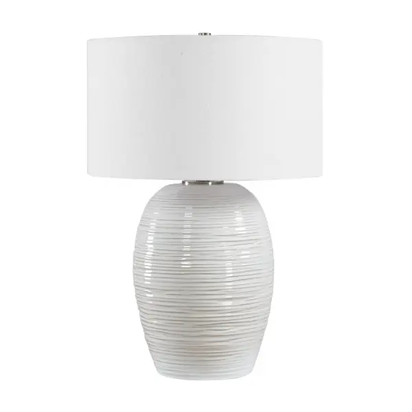 Simple Yet Versatile, This Ceramic Table Lamp Features A Glossy Powder White Glaze With Organic Ribbed Texture, Accented By Brushed Nickel Plated Details. The Lamp Is Paired With A Round Hardback Drum Shade Covered In A Crisp White Linen Fabric. Due To The Nature Of Fired Glazes On Ceramic Lamps, Finishes Will Vary Slightly. Collection: Alkman Finish: Brushed Nickel Width: 17.50" Height: 26.00" Length: 17.50" Weight: 10.50 lb Number of Bulbs: 1 Maximum Wattage: 150.00 W Bulb Type: A Voltage: 110.00 V Material: Steel,Ceramic,Fabric Country of Origin: China Safety Rating: Indoor Only