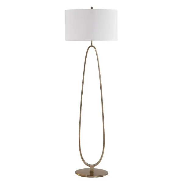 Celebrating Geometric Minimalism, The Tordin Floor Lamp Features A Striking, Hollow Oval Silhouette Crafted From Durable Iron In Antique Brass. The Round Hardback Drum Shade Is Covered In A Crisp White Linen Fabric. Collection: Tordin Designer: David Frisch Finish: Antique Brass Width: 20.00" Height: 64.25" Length: 11.00" Weight: 16.94 lb Number of Bulbs: 1 Maximum Wattage: 150.00 W Bulb Type: A Voltage: 110.00 V Material: Iron,fabric Country of Origin: China Safety Rating: Indoor Only