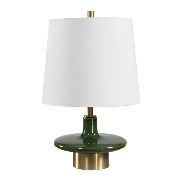 The Sieler Table Lamp Features A Low-profile, Glossy Moss Green Ceramic Base Paired With Antique Brass Iron Accents For A Sophisticated, Mid-century Look. The Tapered Round Hardback Drum Shade Is Covered In A Crisp White Linen Fabric. Collection: Sieler Designer: Carolyn Kinder Finish: Antique Brass Width: 12.00" Height: 19.00" Length: 12.00" Weight: 5.10 lb Number of Bulbs: 1 Maximum Wattage: 150.00 W Bulb Type: A Voltage: 110.00 V Material: CERAMIC,IRON,FABRIC Country of Origin: China Safety Rating: Indoor Only