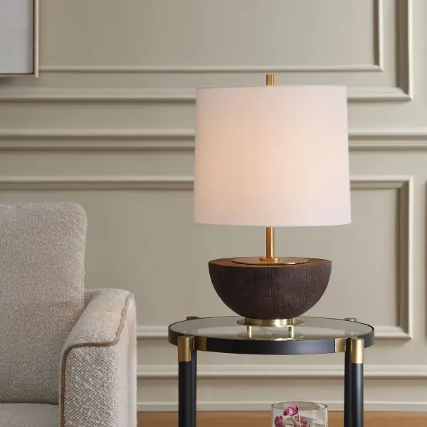 The Kalo Table Lamp Features A Deep, Mahogany Finish Meticulously Textured To Provide The Natural, Organic Illusion Of Hand-carved Wood. The Design Is Elevated By Antique Brass Hardware And Topped With A Slightly Tapered Round Hardback Drum Shade Covered In A Crisp White Linen Fabric. Collection: Kalo Designer: Carolyn Kinder Finish: Antique Brass Width: 14.00" Height: 22.00" Length: 14.00" Weight: 9.50 lb Number of Bulbs: 1 Maximum Wattage: 150.00 W Bulb Type: A Voltage: 110.00 V Material: RESIN,IRON,FABRIC Country of Origin: China Safety Rating: Indoor Only