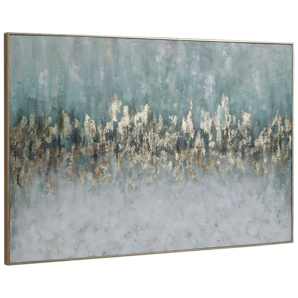 A large-scale hand-painted canvas in teal, aqua, and blush tones with gold leaf accents and a gold leaf gallery frame. Each piece is unique due to its handcrafted nature.