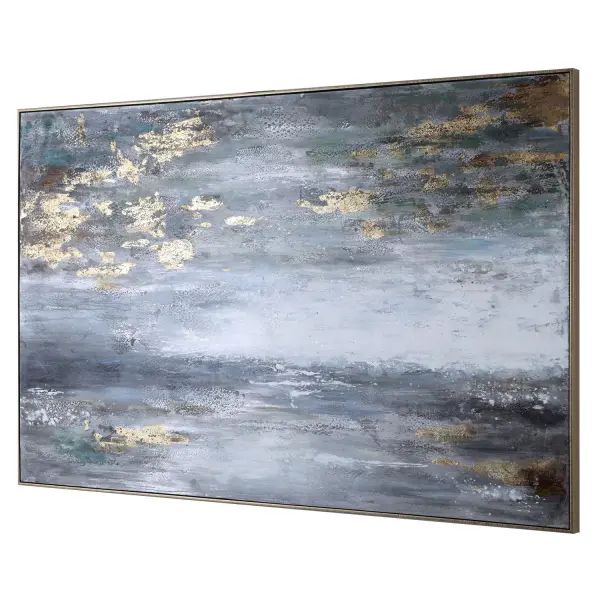 A large hand-painted canvas in moody grays and whites, framed in gold, bringing artisanal texture and depth to any statement wall.