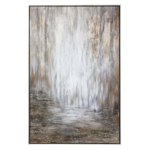 A large hand-painted canvas in bronze, gold, silver, and gray tones with an antique silver frame. Textured and versatile for neutral, transitional interiors.