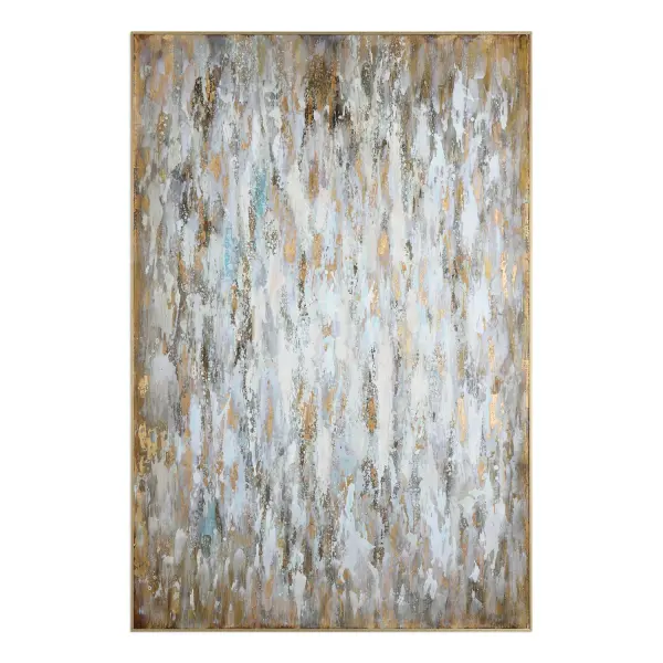 A hand-painted abstract canvas in white, blue, and bronze tones with gold leaf accents, framed in a petite gold gallery frame. Each piece is unique.