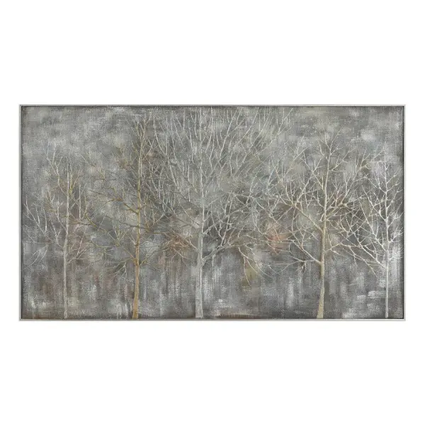 This hand-painted canvas offers a raised, textured landscape in gray, gold, and silver hues, framed in a champagne silver leaf gallery frame for a versatile, contemporary look.