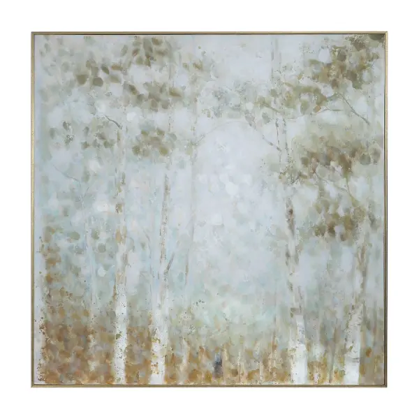 This large hand-painted canvas depicts a soft, expressive woodland scene in muted tones, framed in a warm-toned antique silver gallery frame.