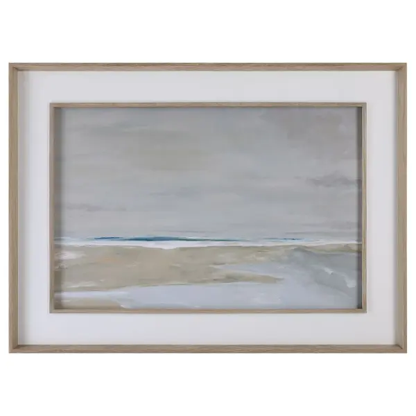 A large-scale print of the Oregon shoreline framed in naturally finished pine wood with a satin white mat. Adds coastal character to living spaces and hospitality settings.