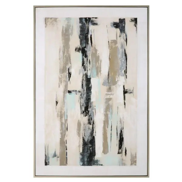 Hand-painted abstract canvas in tranquil blue, navy, and silver tones, framed in a brushed silver gallery frame. Versatile hanging orientation adds flexibility for large wall spaces.
