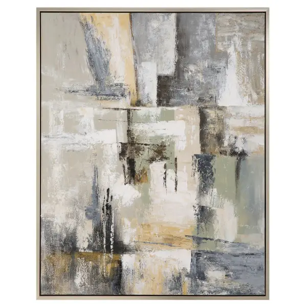 This large hand-painted canvas offers a modern, tonal composition in a brushed silver frame, flexible enough to hang horizontal or vertical in nearly any room.