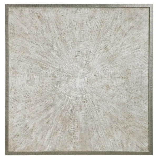 A large, heavily textured abstract canvas in beige, white, and metallic silver tones, framed in an antique silver gallery frame. Each piece is unique due to its handcrafted nature.