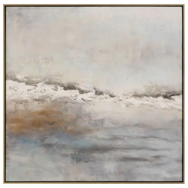 A large hand-painted abstract canvas with cool grays and blues layered against warm cream and brown tones, framed in gold. Versatile hanging orientation.