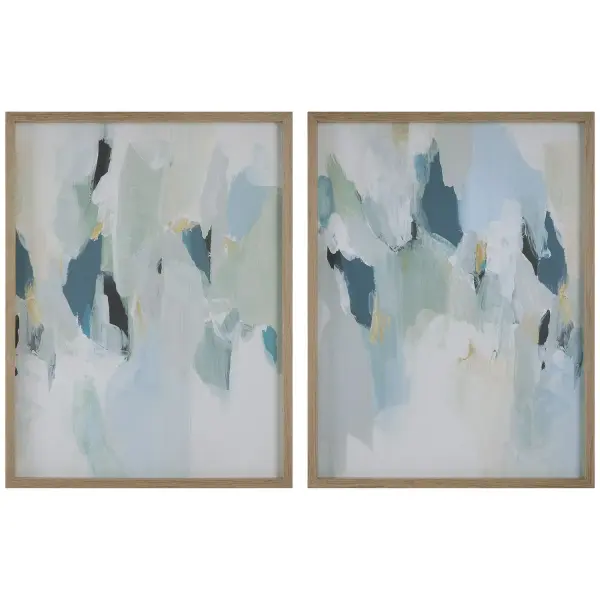 A set of two canvas prints in soothing coastal blues, taupe, and gray, framed in gray washed pine. Versatile for horizontal or vertical hanging in living spaces.
