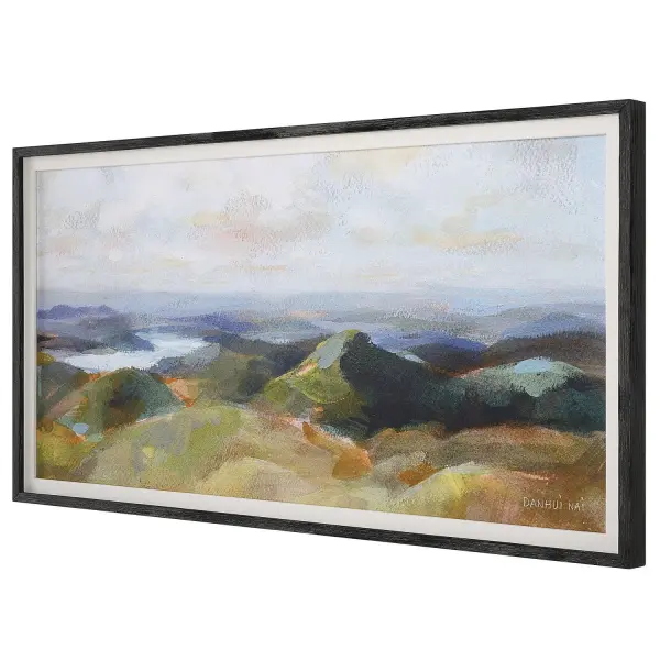This large-scale landscape print by Danhui Nai brings a calm, nature-inspired focal point to walls, framed in a clean black wood and white linen mat combination.