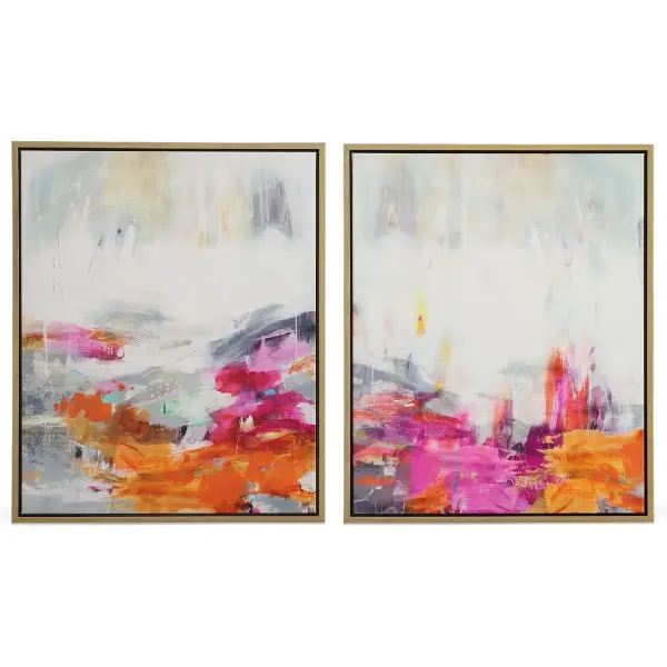A vibrant framed canvas in magenta, tangerine, charcoal and white, wrapped in a solid wood gold frame. Hangs horizontal or vertical for flexible placement.